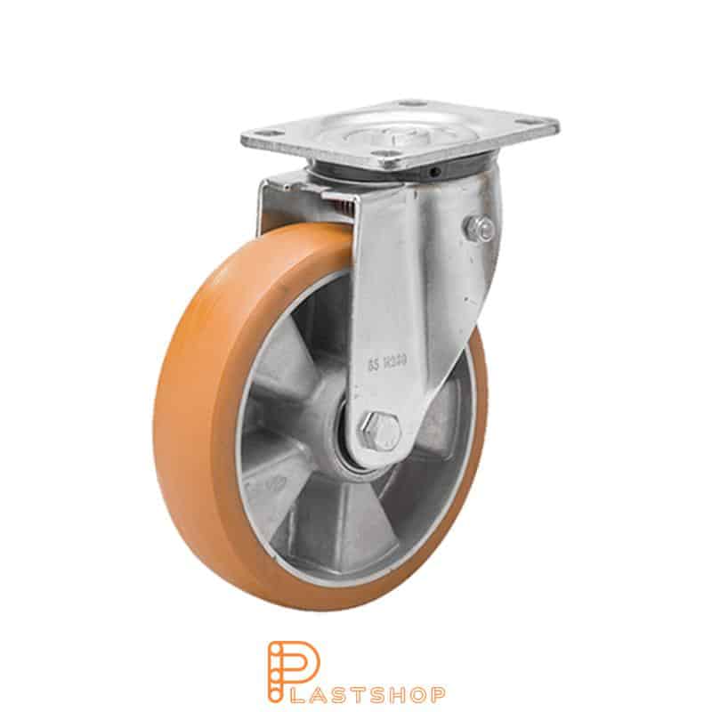 Återfjädrande länkhjul, platta, hjuldiameter 125 mm, bygghöjd 164 mm, nav i aluminium med mjuk bana i ElastoPUR i brun färg. 450 kg bärighet, dubbla kullager