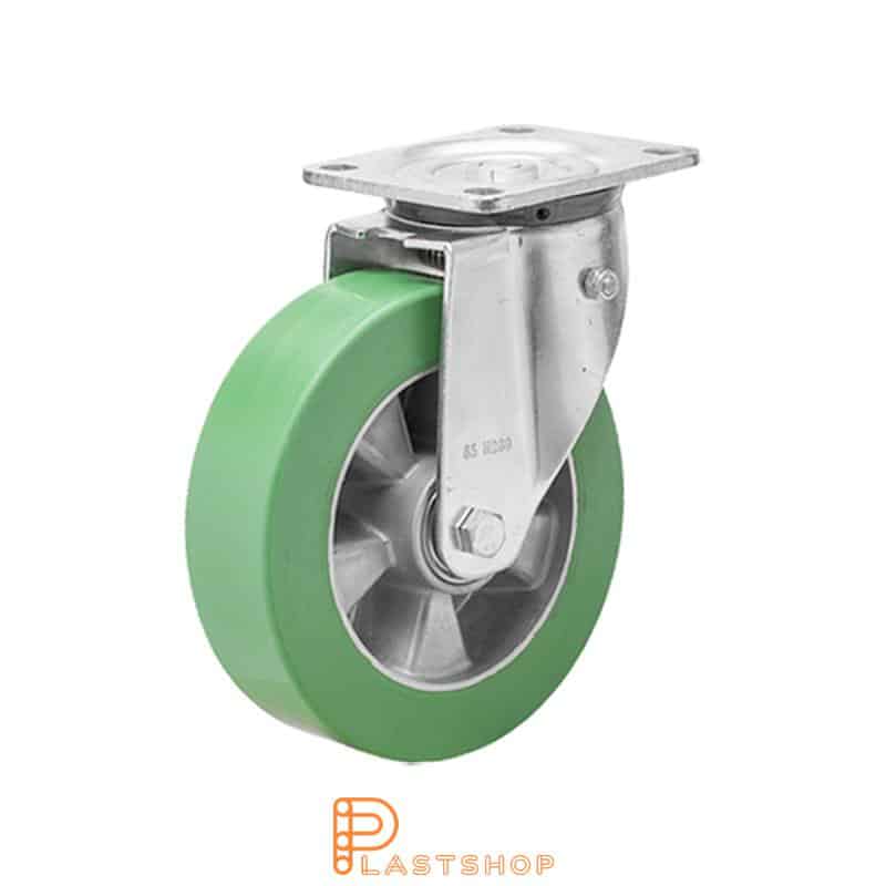 Spring-loaded link wheel, flat, wheel diameter 125 mm, building height 164 mm, hub in aluminum with soft track in ElastoPUR in green color. 400 kg load capacity, double ball bearings