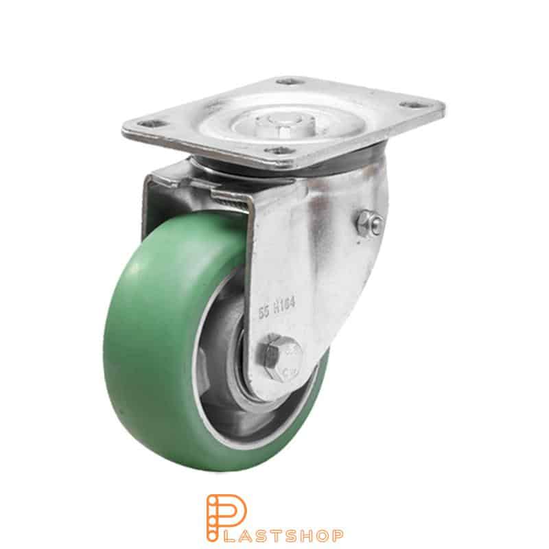 Spring-loaded link wheel, flat, wheel diameter 125 mm, building height 164 mm, hub in aluminum with soft track in ElastoPUR in green color. 400 kg load capacity, double ball bearings