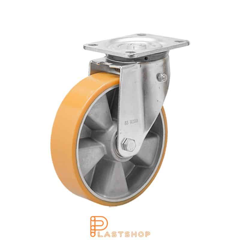 Återfjädrande länkhjul, platta, hjuldiameter 125 mm, bygghöjd 164 mm, nav i aluminium med mjuk bana i PUR i orange färg. 450 kg bärighet, dubbla kullager