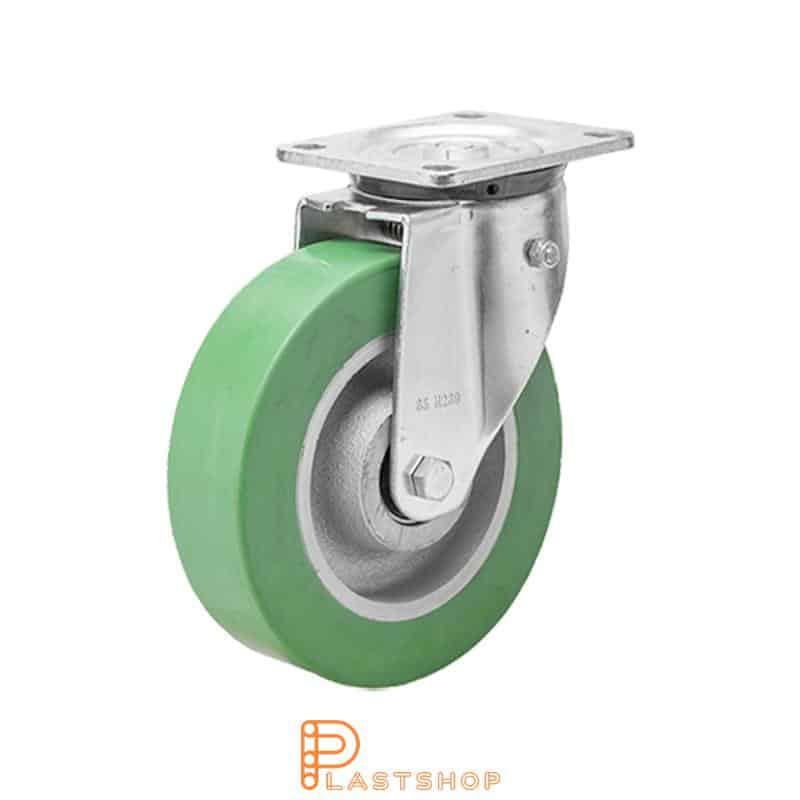Spring-loaded link wheel, flat, wheel diameter 125 mm, building height 164 mm, hub in cast iron with soft track in ElastoPUR in green color. 350 kg load capacity, double ball bearings