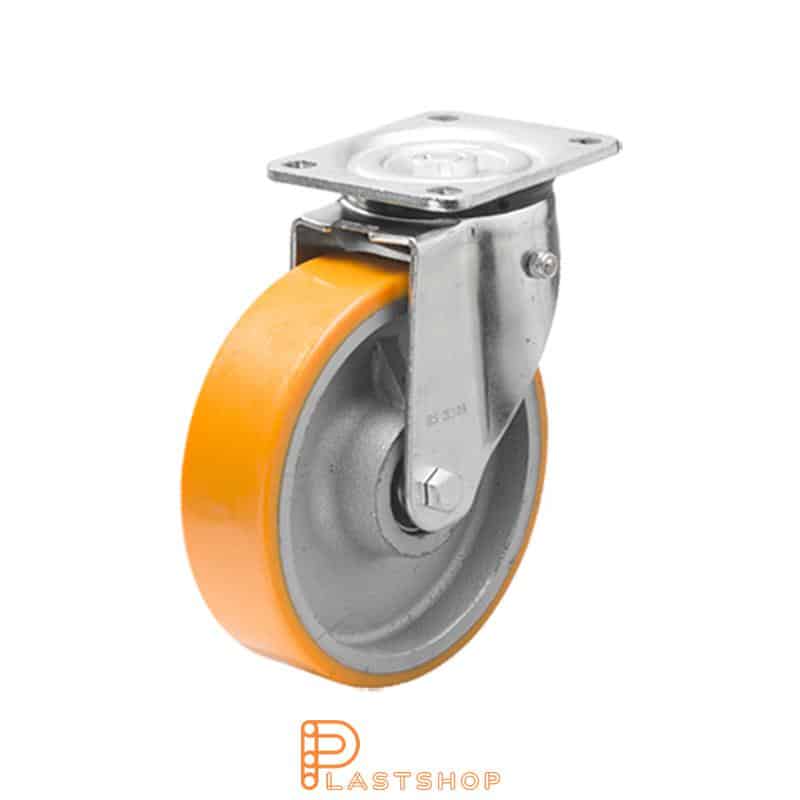 Återfjädrande länkhjul, platta, hjuldiameter 125 mm, bygghöjd 164 mm, nav i gjutjärn med mjuk bana i PUR i orange färg. 500 kg bärighet, dubbla kullager