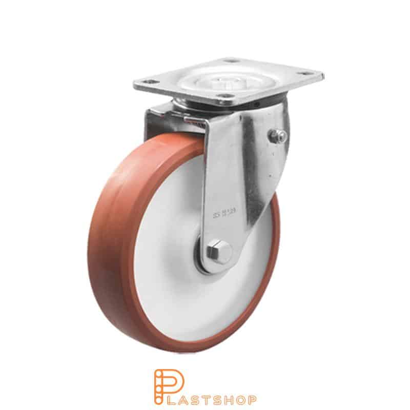 Spring-loaded link wheel, flat, wheel diameter 125 mm, building height 164 mm, hub in PA6 with soft track in PUR in red color. 500 kg load capacity, double ball bearings