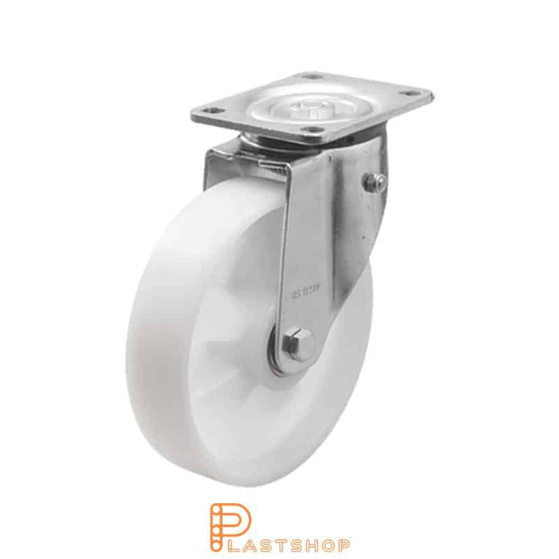 Spring-loaded link wheel, flat, wheel diameter 150 mm, building height 194 mm, hard wheel in solid PA6, 550 kg load capacity, slide bearing