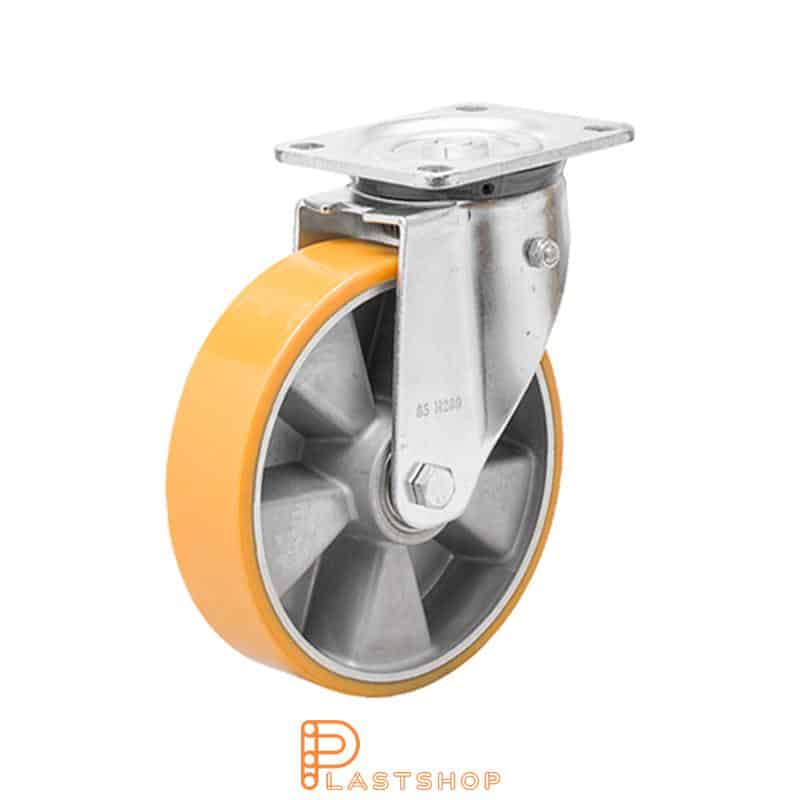 Återfjädrande länkhjul, platta, hjuldiameter 150 mm, bygghöjd 194 mm, nav i aluminium med mjuk bana i PUR i orange färg. 550 kg bärighet, dubbla kullager