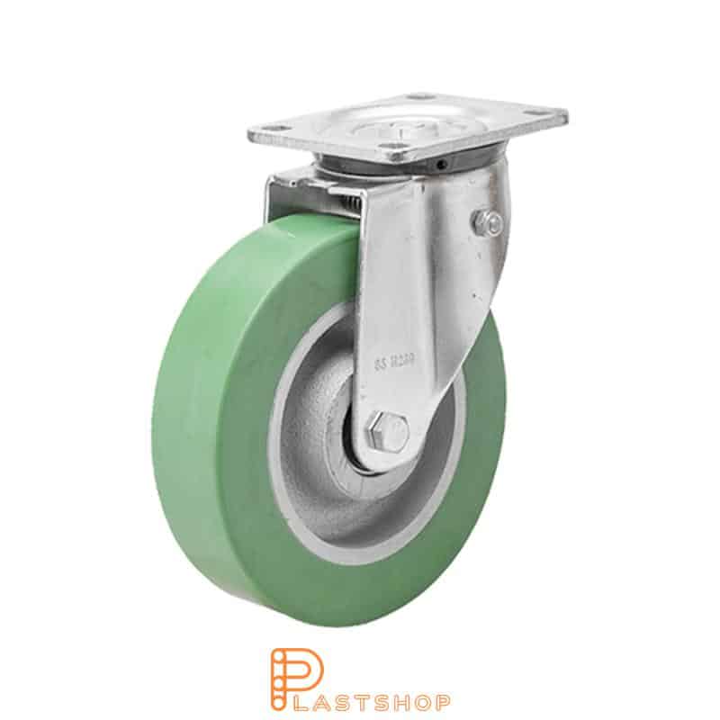 Spring-loaded link wheel, flat, wheel diameter 150 mm, building height 194 mm, hub in cast iron with soft track in ElastoPUR in green color. 450 kg load capacity, double ball bearings
