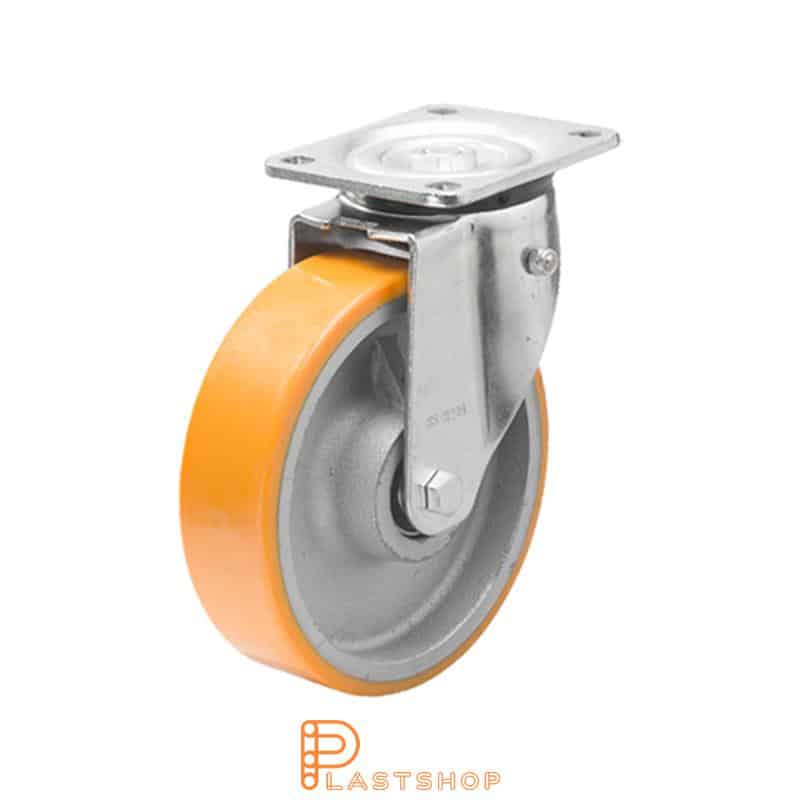 Återfjädrande länkhjul, platta, hjuldiameter 150 mm, bygghöjd 194 mm, nav i gjutjärn med mjuk bana i PUR i orange färg. 700 kg bärighet, dubbla kullager