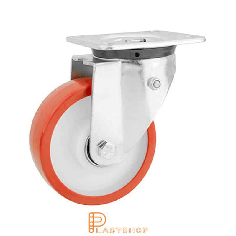 Spring-loaded link wheel, flat, wheel diameter 150 mm, building height 194 mm, hub in PA6 with soft track in PUR in red color. 600 kg load capacity, double ball bearings