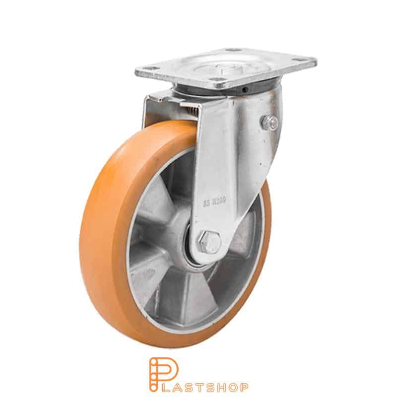 Spring-loaded link wheel, flat, wheel diameter 160 mm, building height 199 mm, hub in aluminum with soft track in ElastoPUR in brown color. 600 kg load capacity, double ball bearings