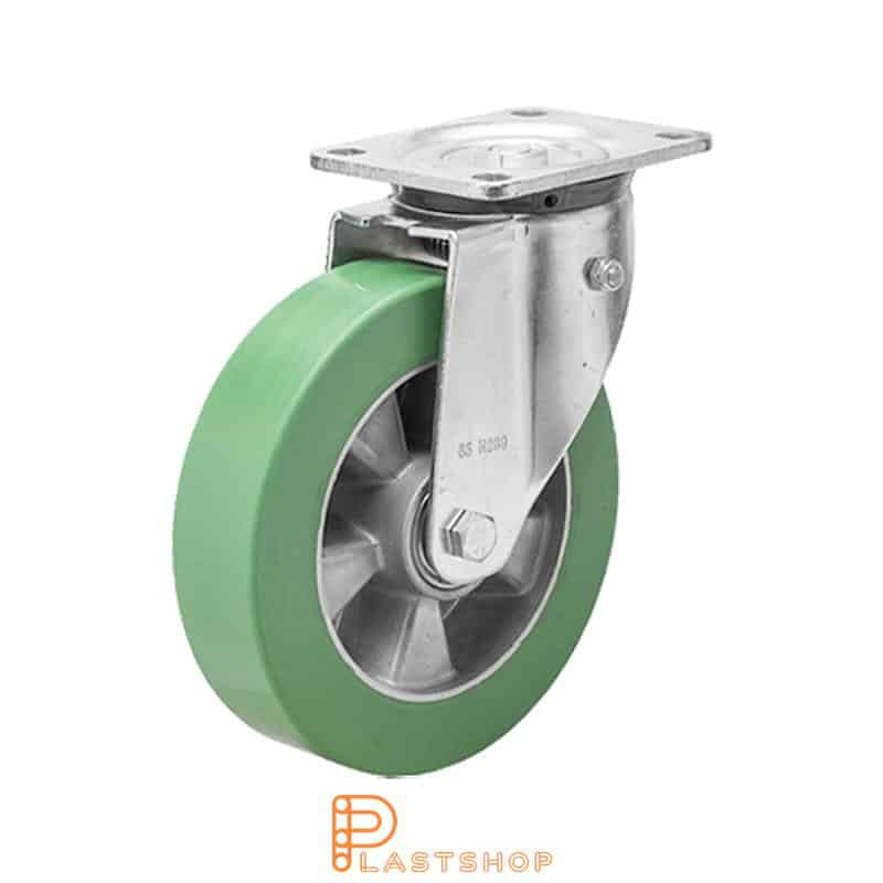 Gjennomfjærende länkhjul, platt, hjuldiameter 160 mm, byggehøyde 199 mm, nav i aluminium med myk bane i ElastoPUR i grønn farge. 550 kg bæreevne, doble kulelager