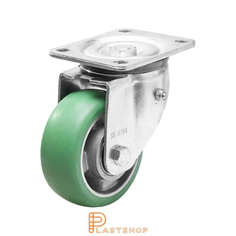 Gjennomfjærende länkhjul, platt, hjuldiameter 160 mm, byggehøyde 199 mm, nav i aluminium med myk bane i ElastoPUR i grønn farge. 550 kg bæreevne, doble kulelager