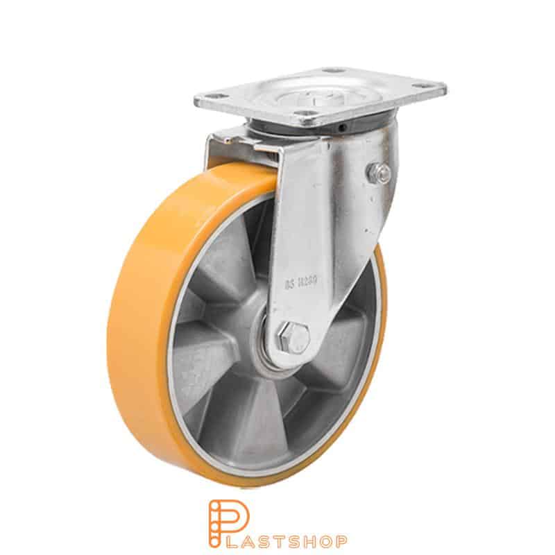 Gjennomfjærende länkhjul, platt, hjuldiameter 160 mm, byggehøyde 199 mm, nav i aluminium med myk bane i PUR i oransje farge. 600 kg bæreevne, doble kulelager