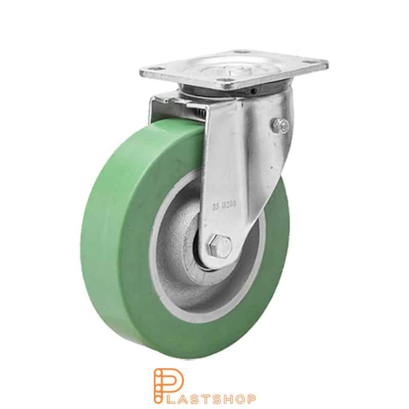 Spring-loaded link wheel, flat, wheel diameter 160 mm, building height 199 mm, hub in cast iron with soft track in ElastoPUR in green color. 550 kg load capacity, double ball bearings