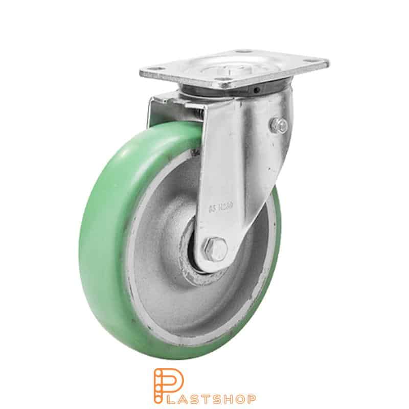 Spring-loaded link wheel, flat, wheel diameter 160 mm, building height 199 mm, hub in cast iron with soft track in ElastoPUR in green color. 700 kg load capacity, double ball bearings