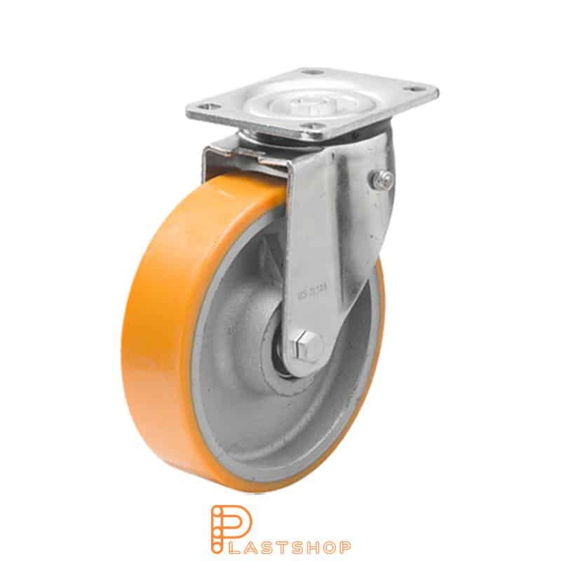 Återfjädrande länkhjul, platta, hjuldiameter 160 mm, bygghöjd 199 mm, nav i gjutjärn med mjuk bana i PUR i orange färg. 750 kg bärighet, dubbla kullager