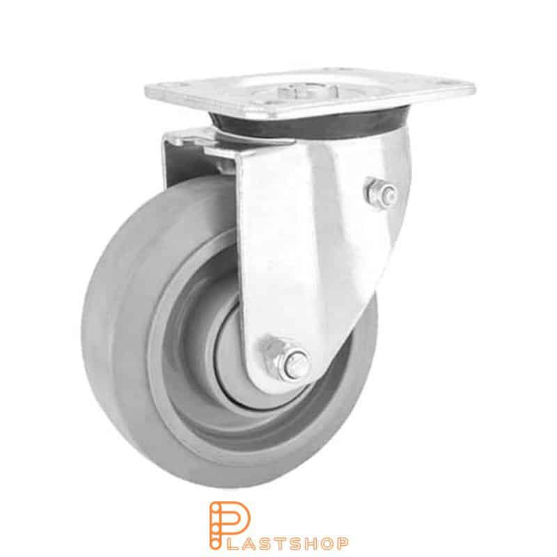 Spring-loaded link wheel, flat, wheel diameter 160 mm, building height 199 mm, hub in PA6 with soft track in ElastoGum in gray color. 350 kg load capacity, double ball bearings