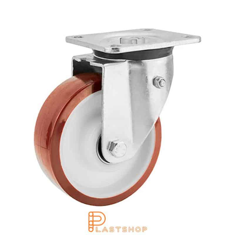 Spring-loaded link wheel, flat, wheel diameter 160 mm, building height 199 mm, hub in PA6 with soft track in PUR in red color. 400 kg load capacity, double ball bearings