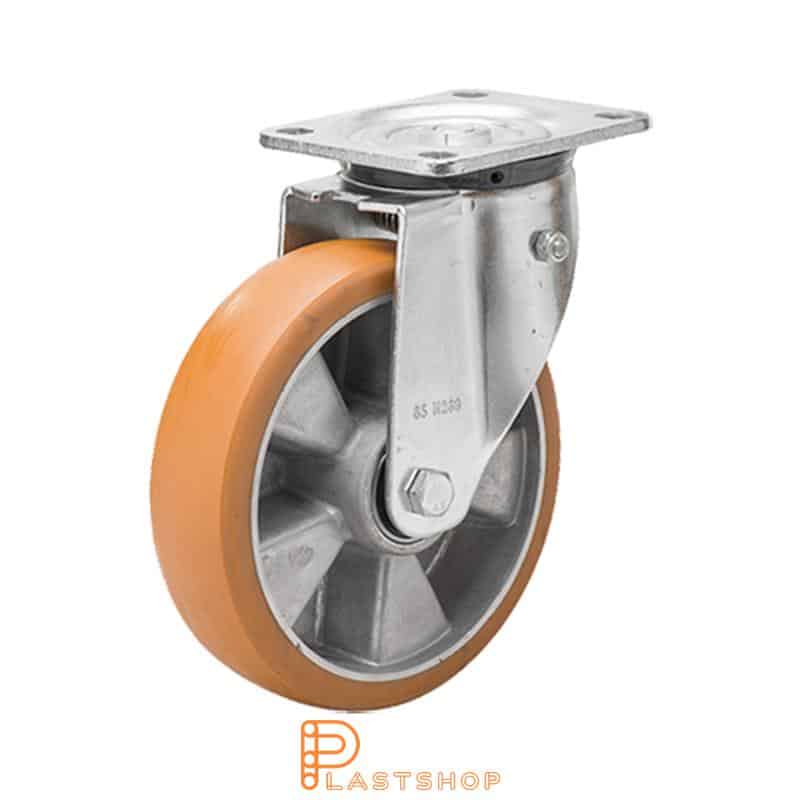 Spring-loaded link wheel, flat, wheel diameter 200 mm, building height 239 mm, hub in aluminum with soft track in ElastoPUR in brown color. 800 kg load capacity, double ball bearings