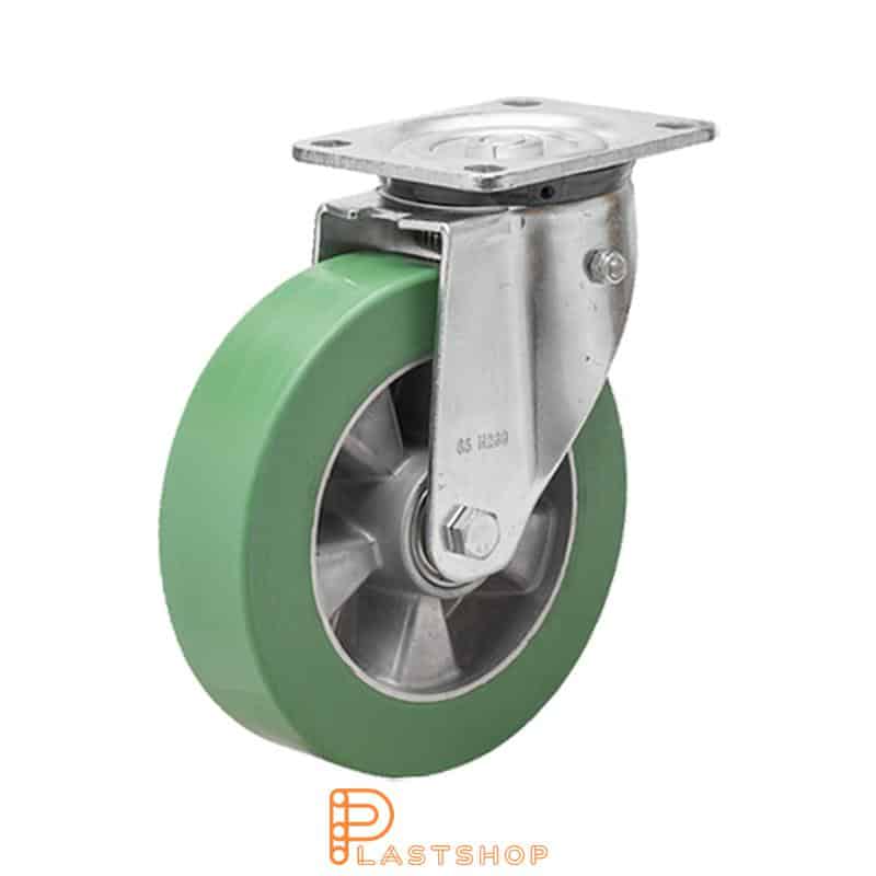 Gjennomfjærende länkhjul, platt, hjuldiameter 200 mm, byggehøyde 239 mm, nav i aluminium med myk bane i ElastoPUR i grønn farge. 700 kg bæreevne, doble kulelager