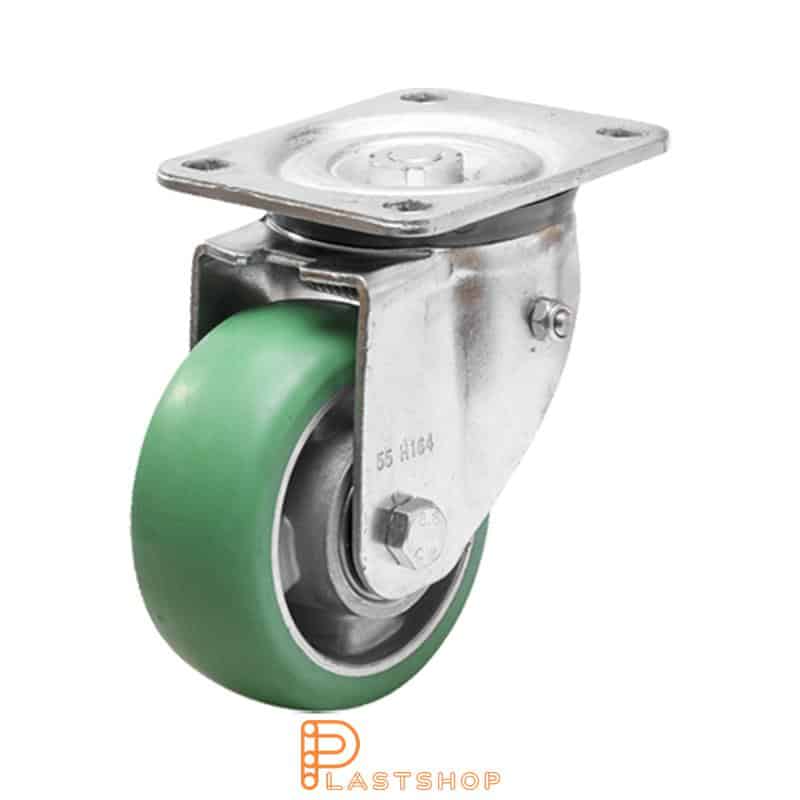 Spring-loaded link wheel, flat, wheel diameter 200 mm, building height 239 mm, hub in aluminum with soft track in ElastoPUR in green color. 700 kg load capacity, double ball bearings