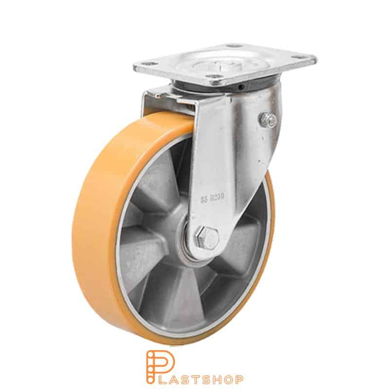 Återfjädrande länkhjul, platta, hjuldiameter 200 mm, bygghöjd 239 mm, nav i aluminium med mjuk bana i PUR i orange färg. 800 kg bärighet, dubbla kullager