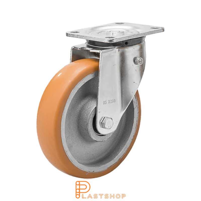 Spring-loaded link wheel, flat, wheel diameter 200 mm, building height 239 mm, hub in cast iron with soft track in ElastoPUR in brown color. 800 kg load capacity, double ball bearings