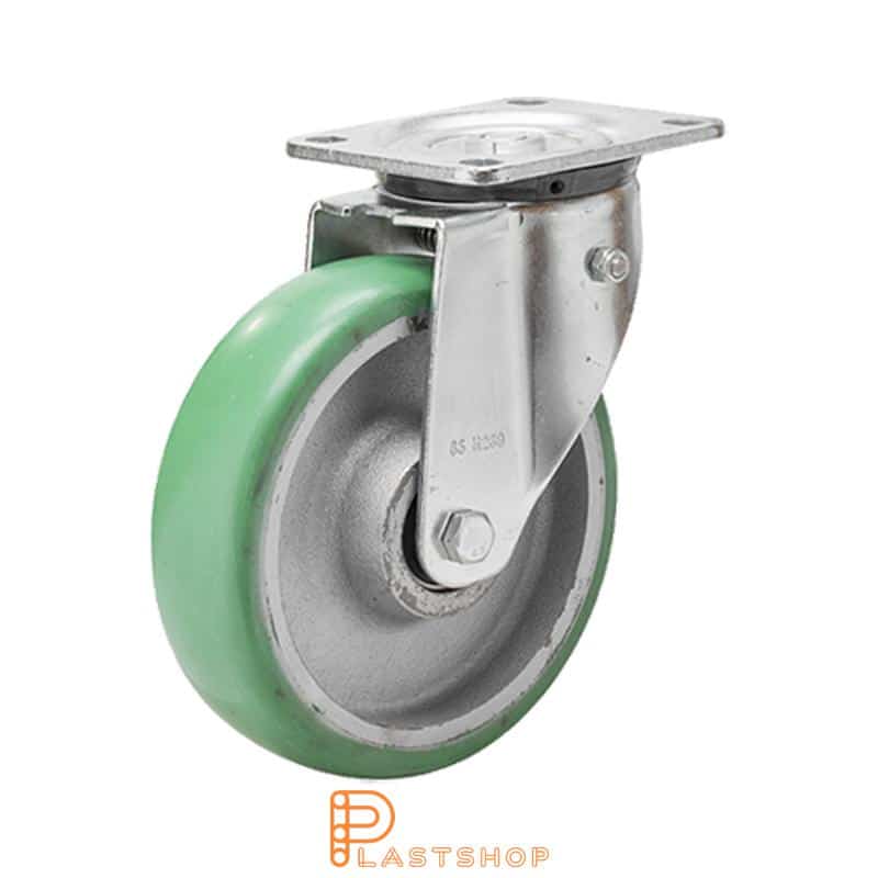 Spring-loaded link wheel, flat, wheel diameter 200 mm, building height 239 mm, hub in cast iron with soft track in ElastoPUR in green color. 700 kg load capacity, double ball bearings