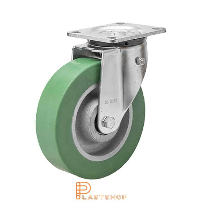 Spring-loaded link wheel, flat, wheel diameter 200 mm, building height 239 mm, hub in cast iron with soft track in ElastoPUR in green color. 700 kg load capacity, double ball bearings