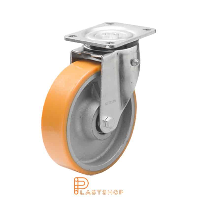 Spring-loaded link wheel, flat, wheel diameter 200 mm, building height 239 mm, hub in cast iron with soft track in PUR in orange color. 800 kg load capacity, double ball bearings