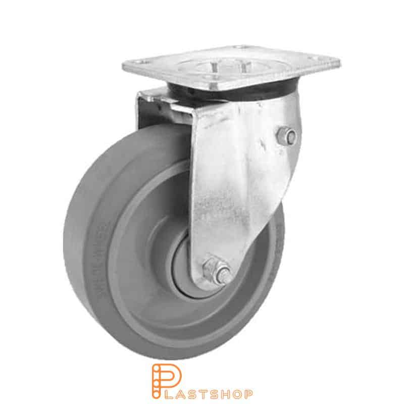 Spring-loaded link wheel, flat, wheel diameter 200 mm, building height 239 mm, hub in PA6 with soft track in ElastoGum in gray color. 350 kg load capacity, double ball bearings