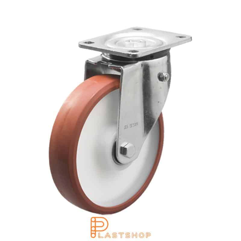 Spring-loaded link wheel, flat, wheel diameter 200 mm, building height 239 mm, hub in PA6 with soft track in PUR in red color. 500 kg load capacity, double ball bearings