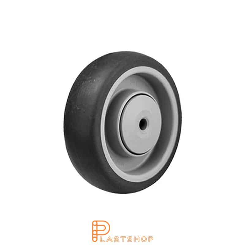 Rueda 100 mm, 100 kg de carga, con eje en PP y banda suave en TPE en color gris, cojinete de bolas
