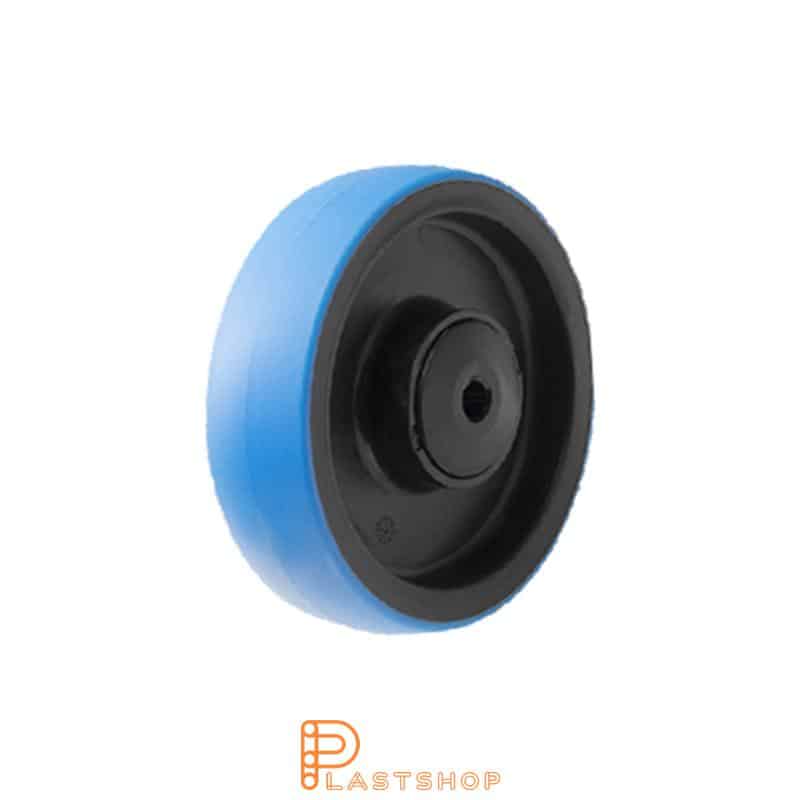 Wheel 100 mm, 160 kg capacity, with hub in PA6 and soft tread in PUR in blue color, ball bearing