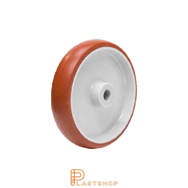 Rueda 100 mm, 170 kg de carga, con buje en PA6 y banda suave en PUR de color rojo, rodamiento de deslizamiento