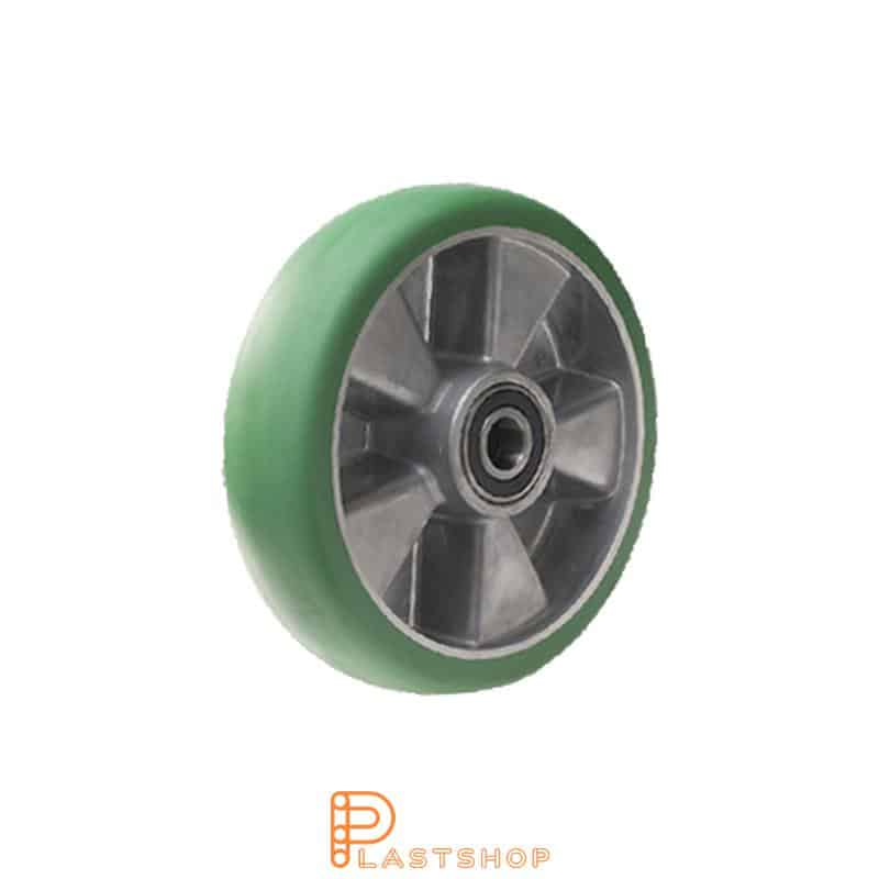 Rueda 100 mm, 200 kg de carga, con buje en aluminio y banda suave en ElastoPUR de color verde, doble rodamiento de bolas
