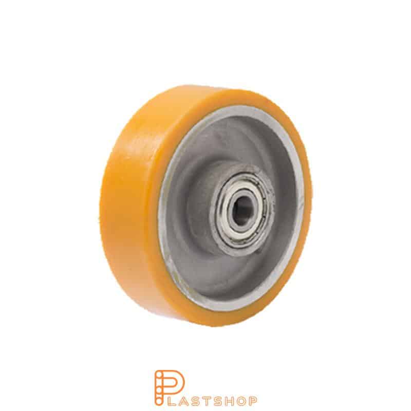 Hjul 100 mm, 200 kg bärighet, med nav i aluminium och mjuk bana i PUR i orange färg, dubbla kullager