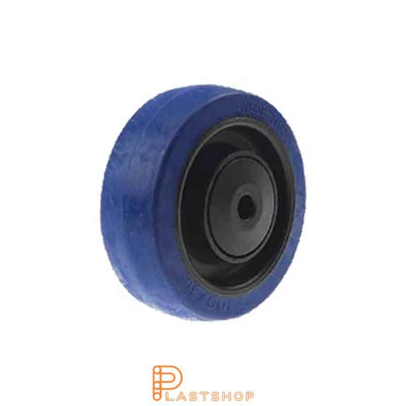 Rueda 100 mm, 225 kg de carga, con eje en PA6 y banda suave en ElastoGum en color azul, cojinete de bolas
