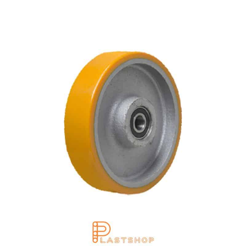 Hjul 100 mm, 300 kg bärighet, med nav i gjutjärn och mjuk bana i PUR i orange färg, dubbla kullager