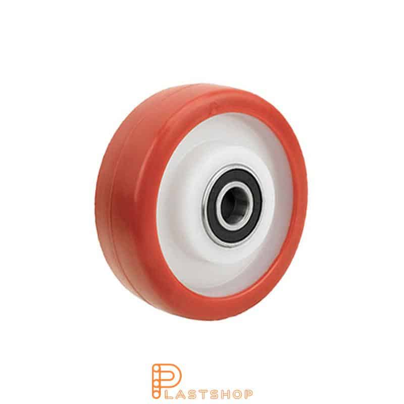 Rueda 100 mm, 300 kg de carga, con buje en PA6 y banda suave en PUR de color rojo, doble rodamiento de bolas