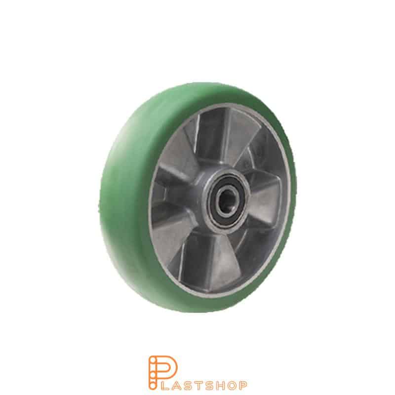 Rueda 100 mm, 350 kg de carga, con buje en aluminio y banda suave en ElastoPUR de color verde, doble rodamiento de bolas