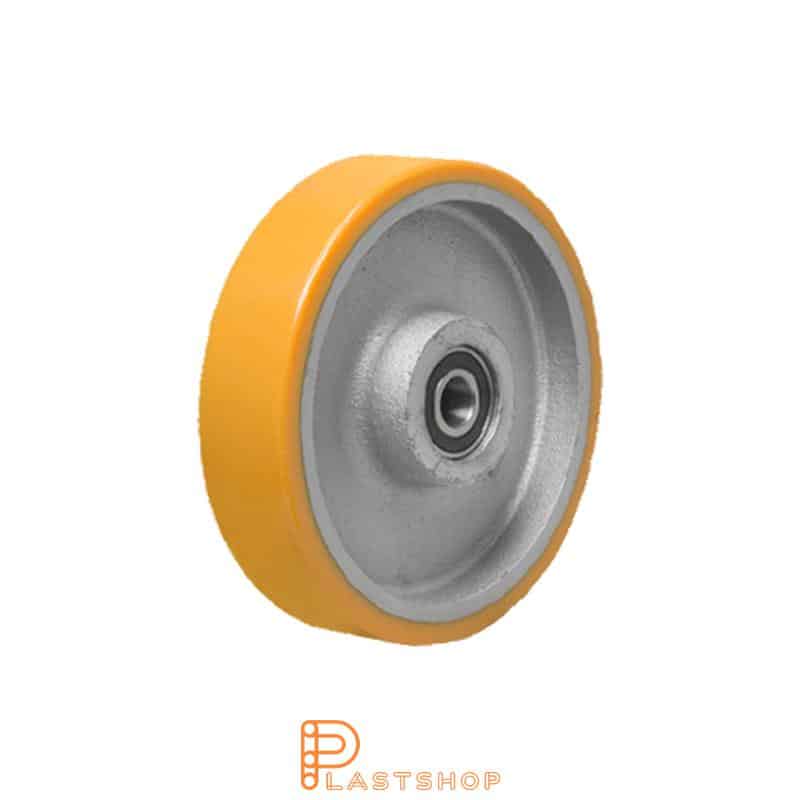 Wheel 125 mm, 280 kg capacity, with hub in cast iron and soft tread in PUR in orange, double ball bearing