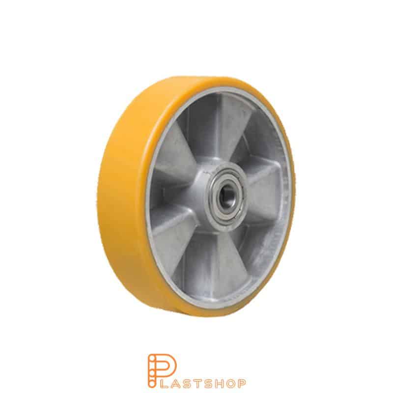 Wheel 125 mm, 350 kg capacity, with hub in aluminum and soft tread in PUR in orange, double ball bearing