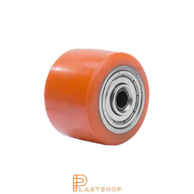 Hjul 35 mm, 100 kg bärighet, med nav i gjutjärn och mjuk bana i PUR i orange färg, dubbla kullager