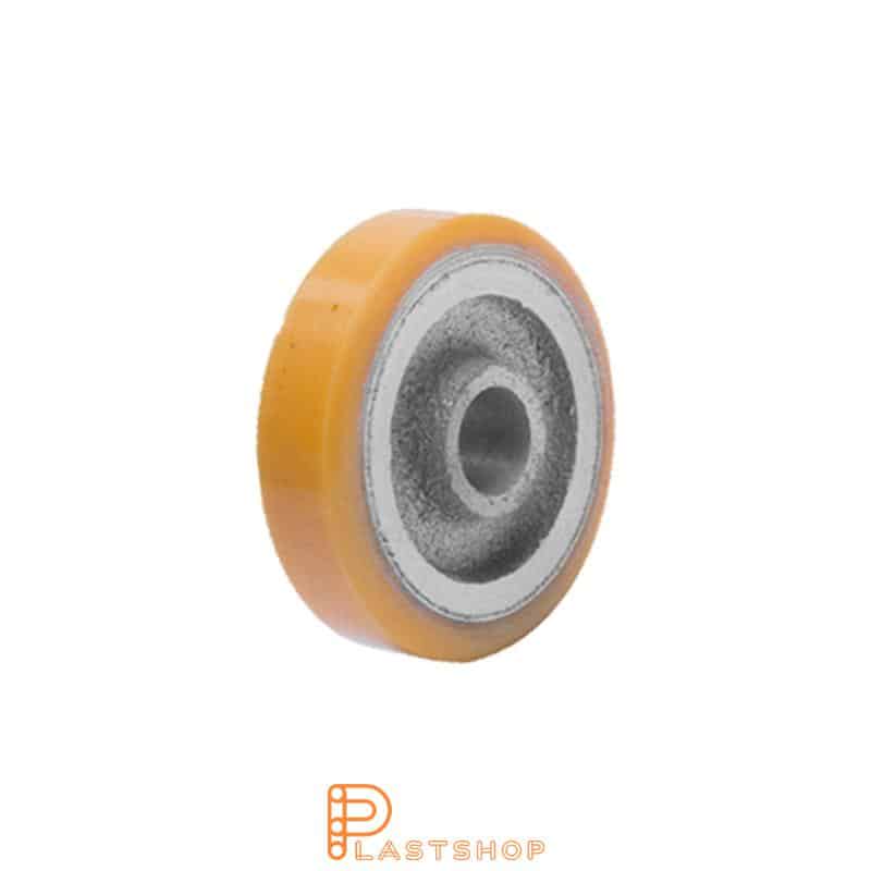 Wheel 50 mm, 80 kg capacity, with hub in cast iron and soft tread in PUR in orange, slide bearing