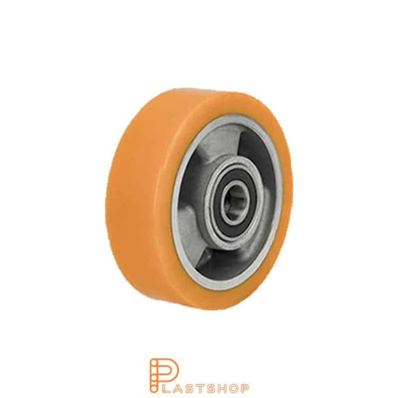 Wheel 80 mm, 100 kg capacity, with hub in aluminum and soft tread in PUR in orange, double ball bearing