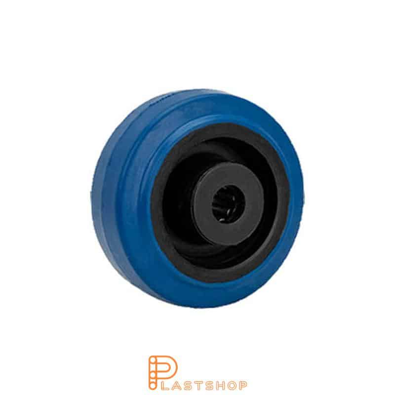 Wheel 80 mm, 100 kg capacity, with hub in PA6 and soft tread in ElastoGum in blå, roller bearing