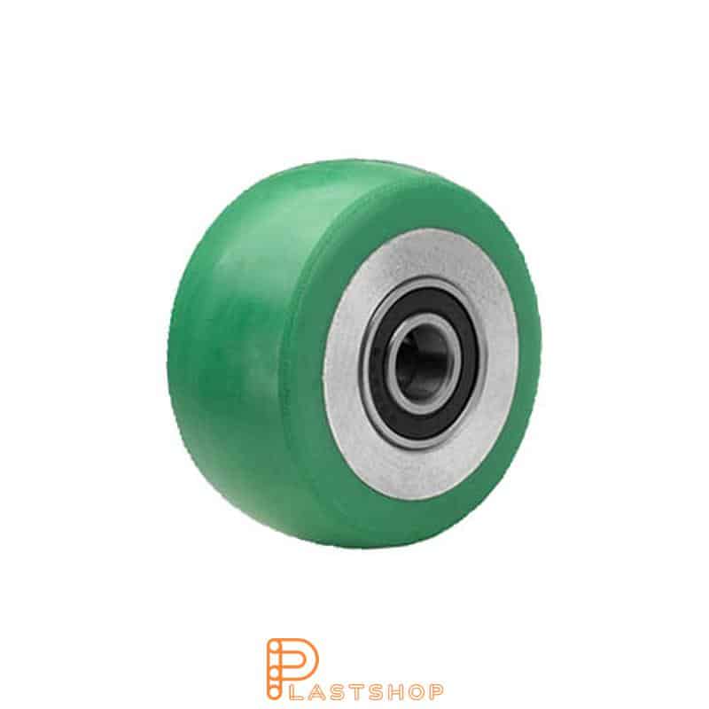Wheel 80 mm, 180 kg capacity, with hub in aluminum and soft tread in ElastoPUR in grön, double ball bearing