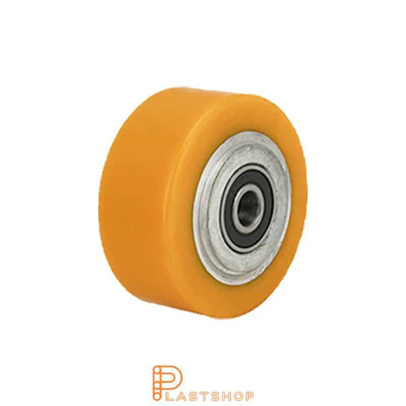 Wheel 80 mm, 180 kg capacity, with hub in aluminum and soft tread in PUR in orange, double ball bearing