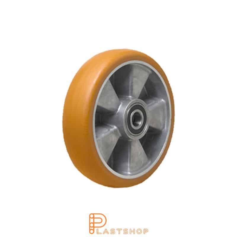 Industrial wheel 100 mm, 400 kg capacity, with hub in aluminum and soft tread in ElastoPUR in brown color, double ball bearing
