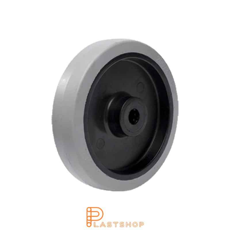 Industrial wheel 160 mm, 250 kg capacity, with hub in PA6 and soft tread in ElastoGum in grå, roller bearing